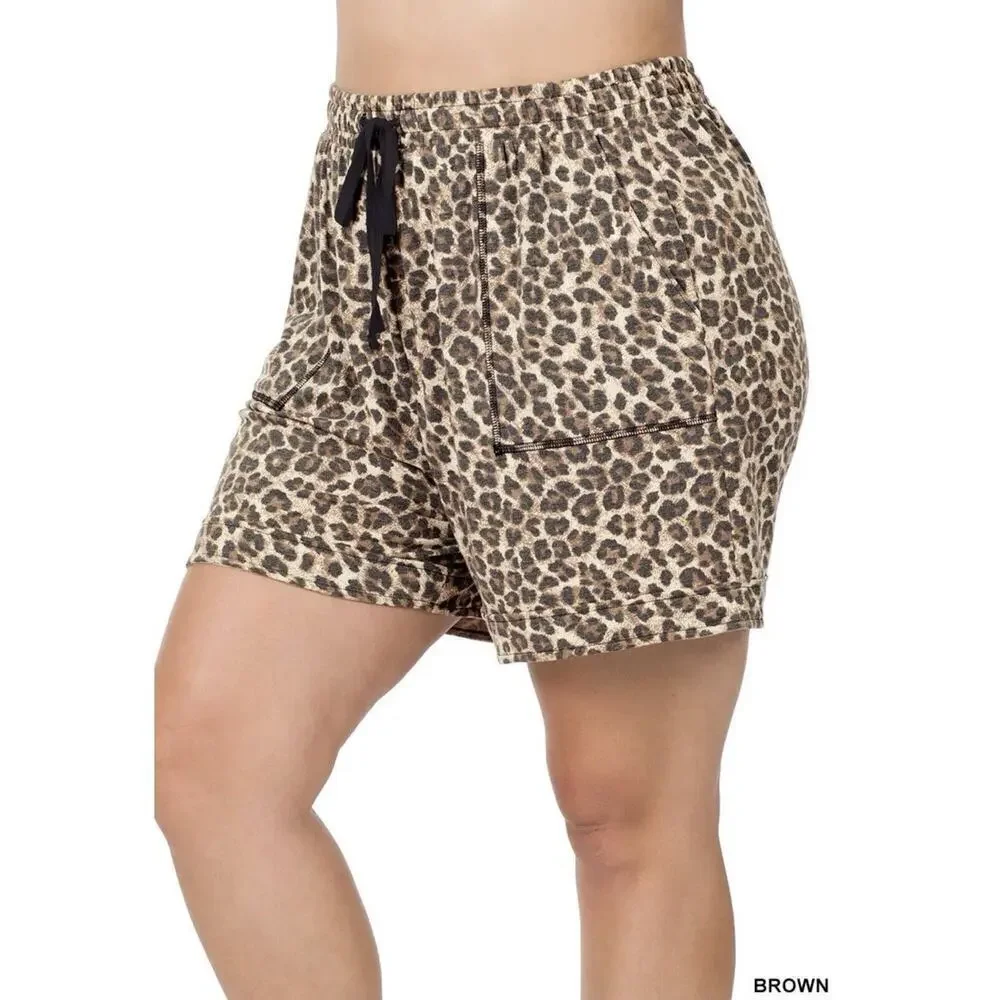 Zenana Leopard Drawstring Elastic Waist Relaxed Fit Shorts Pockets Plus Size 3X
